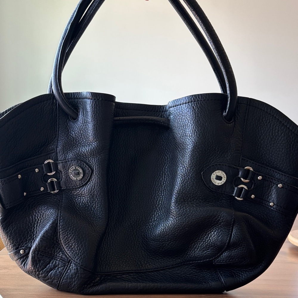 Cole Haan Black Pebbled Leather Tote with Buckle Accents